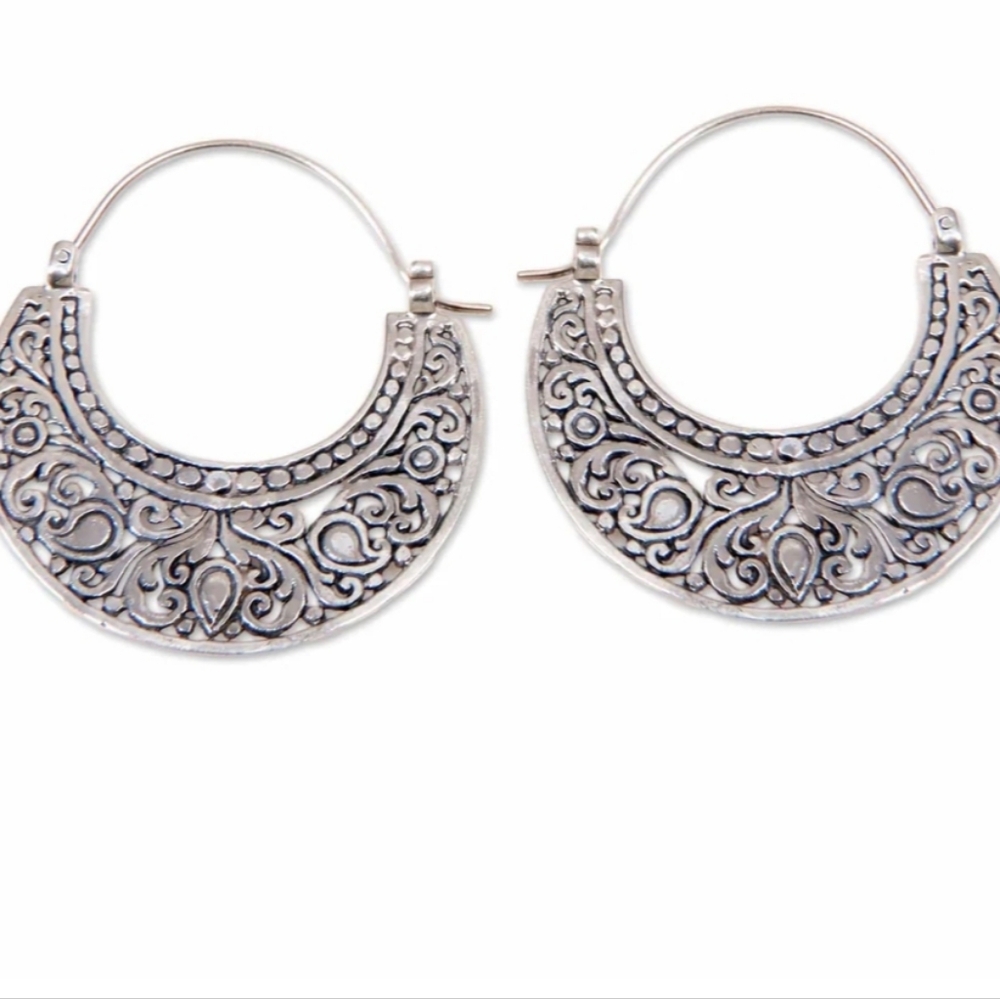 Sterling Silver Novica Garden Of Eden Ornate Crescent Moon Shaped Earrings